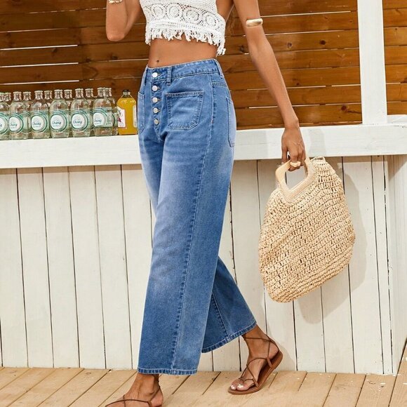 Denim - Medium Wash Casual Women's Loose Fitting Straight Leg Blue Denim Jeans